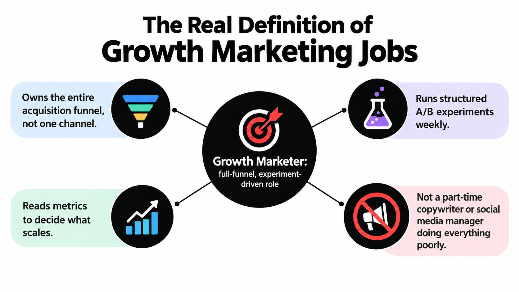 An infographic defining the role of a growth marketer with four key characteristics and responsibilities.