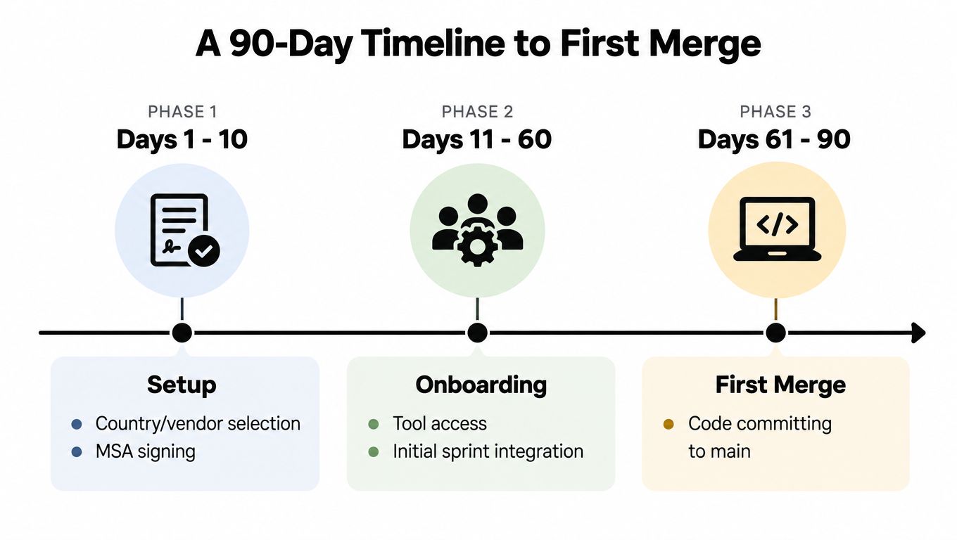 A 90-day timeline chart illustrating the setup, onboarding, and first merge stages for software development projects.