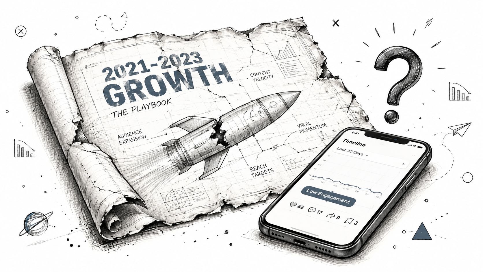 A conceptual illustration featuring a growth playbook blueprint with a rocket and smartphone showing low engagement.