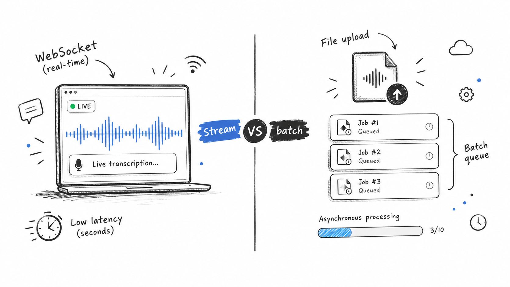 A diagram comparing real-time WebSocket streaming versus batch file uploading for speech-to-text processing workflows.