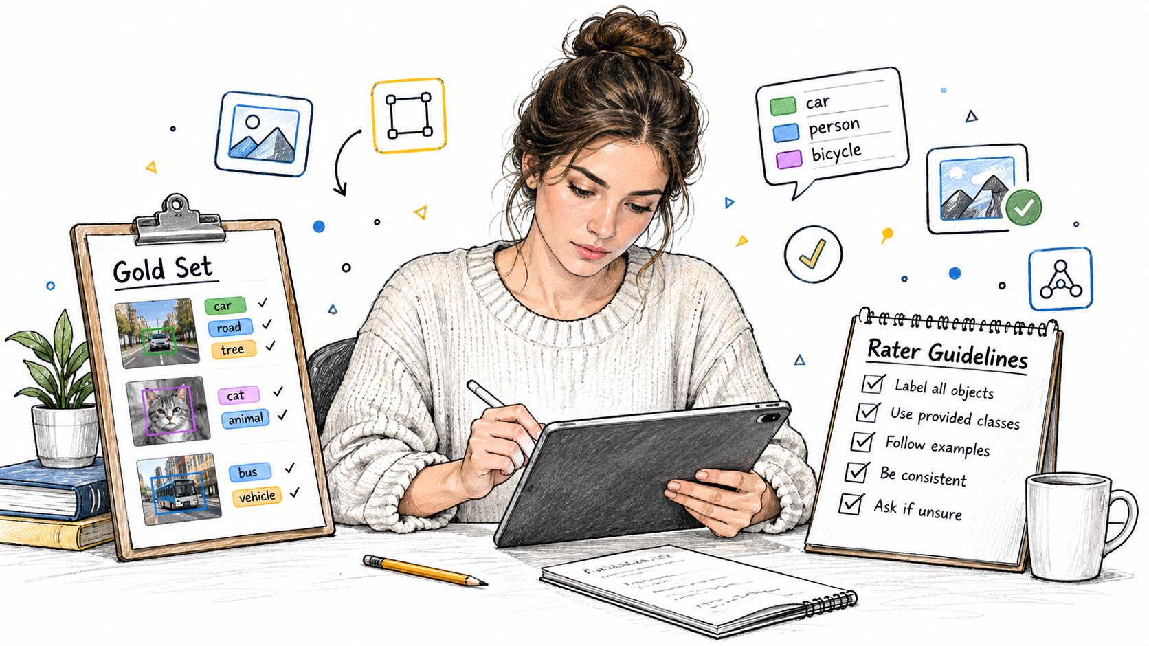 A woman carefully annotating images on a tablet while following rater guidelines and gold set references.