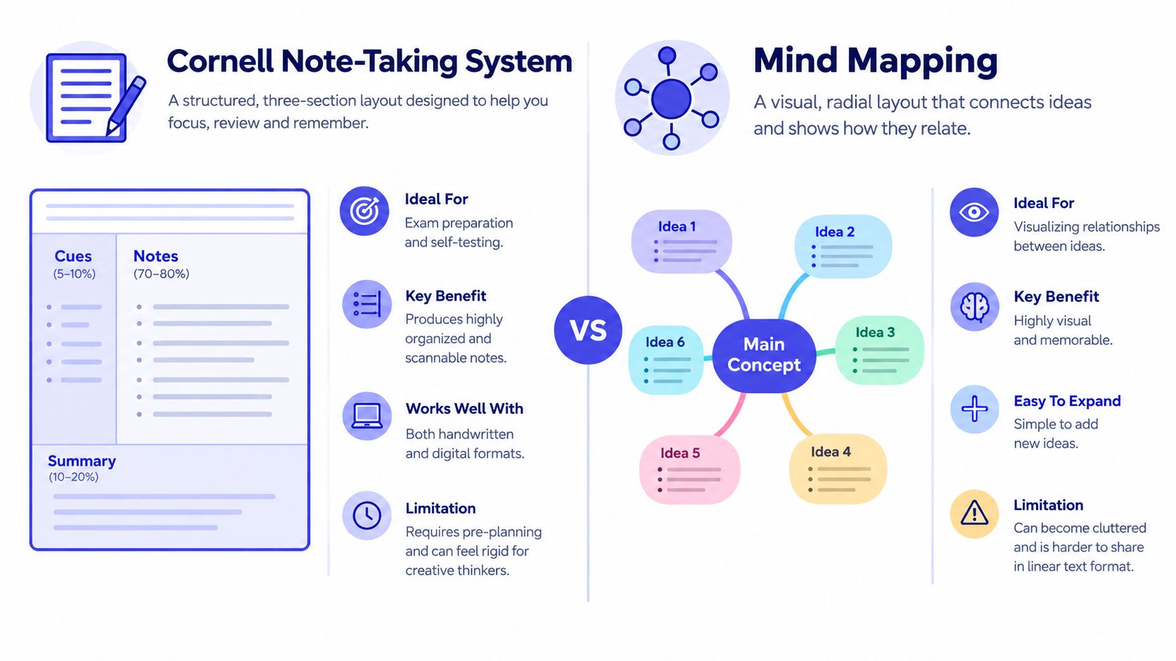 A comparison infographic between the structured Cornell Note-Taking System and the visual Mind Mapping technique.