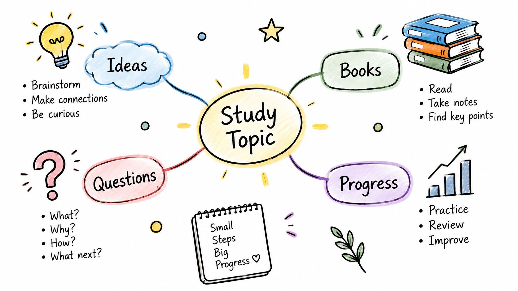 A colorful mind map illustration centered on a Study Topic with branches for Ideas, Books, Questions, and Progress.