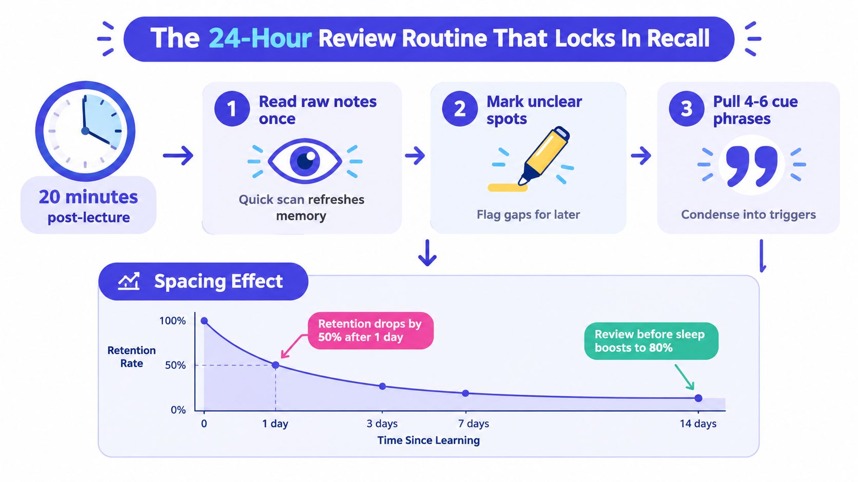 A visual guide explaining the 24-hour review routine for effective learning and memory retention.