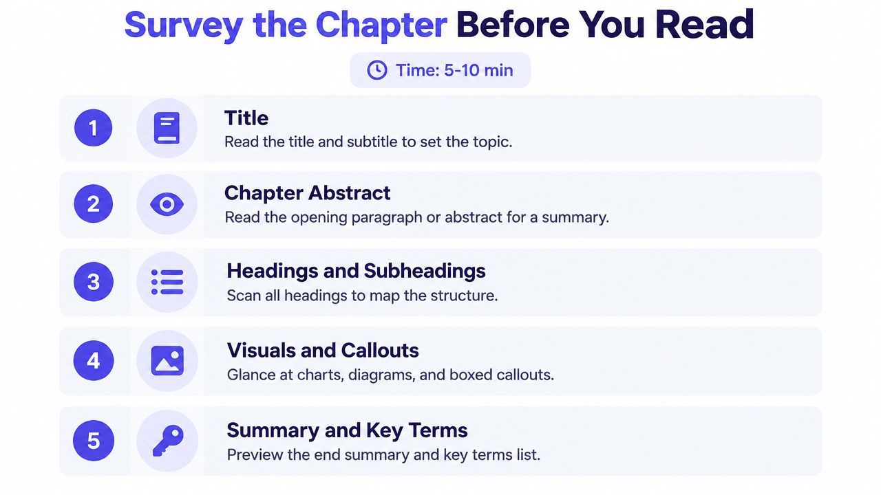 A numbered list infographic titled Survey the Chapter Before You Read, suggesting study strategies for better comprehension.