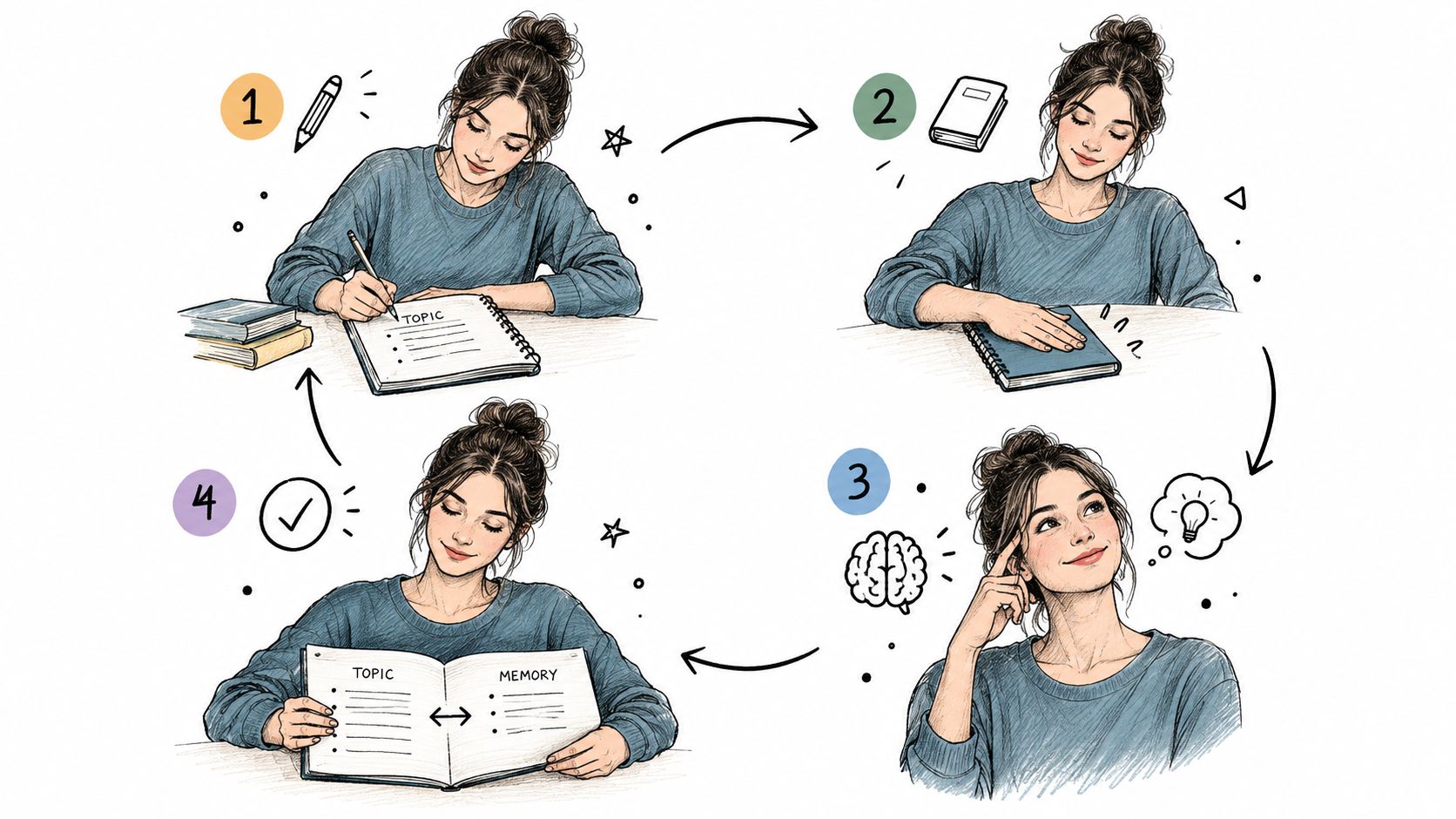 An illustration showing a woman following a four-step process for effective study and revision note-taking.