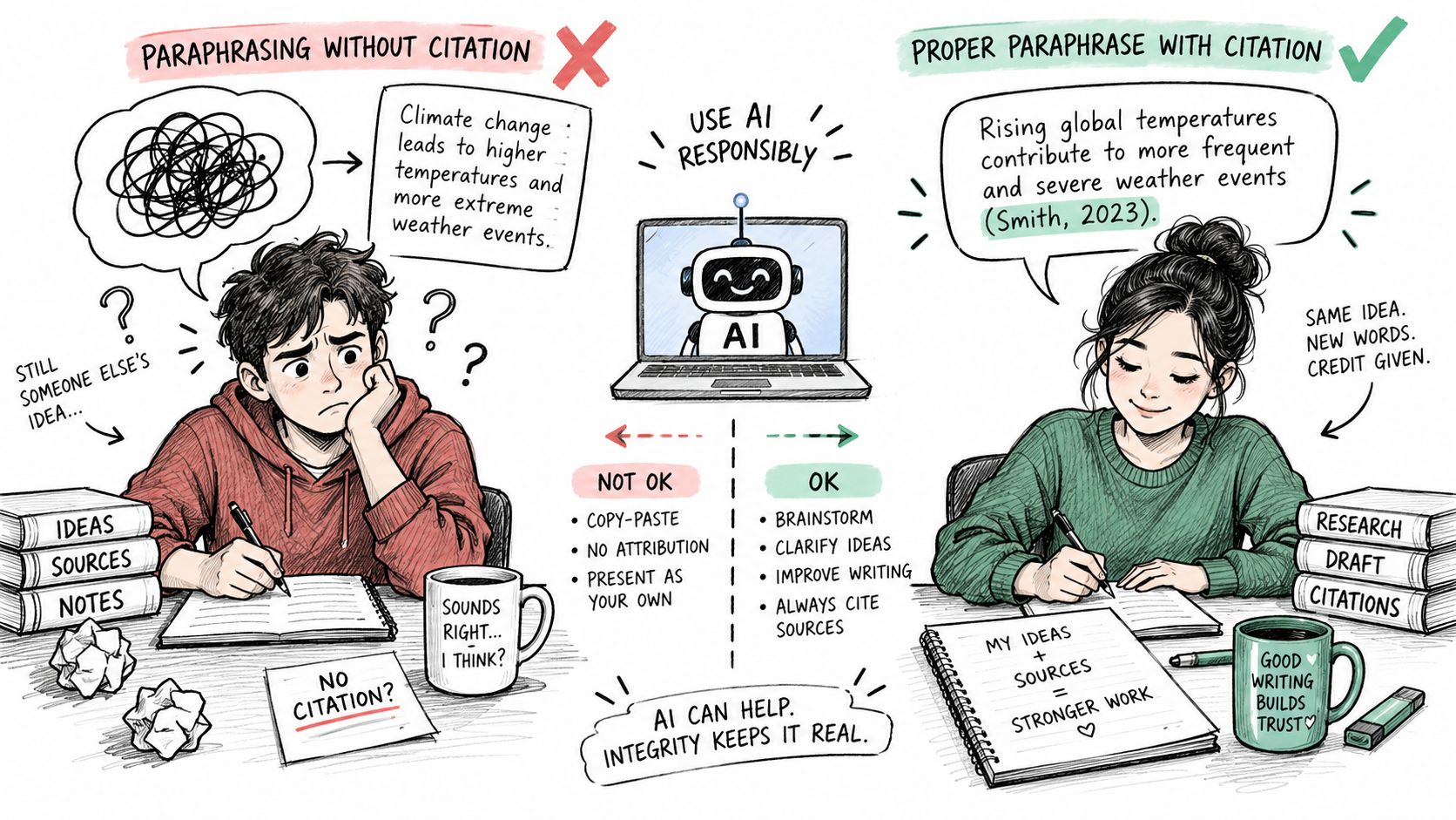 An illustration comparing incorrect paraphrasing without citation to proper paraphrasing with citation while using AI tools responsibly.