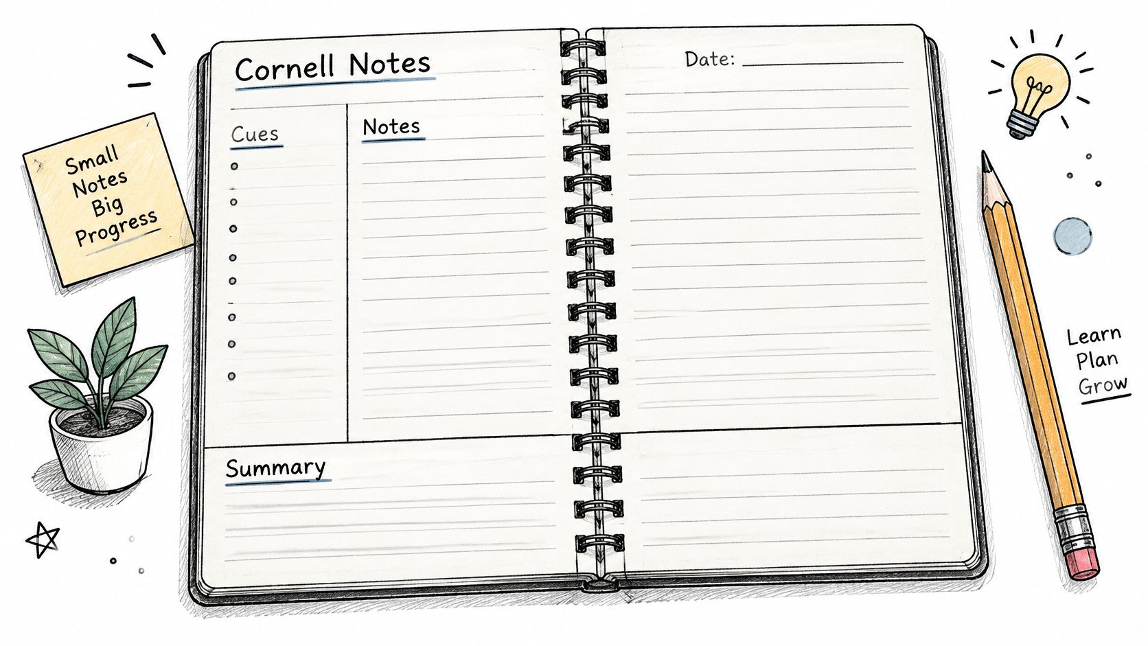 A digital illustration showing a Cornell Notes template on a spiral notebook with a pencil and plant.