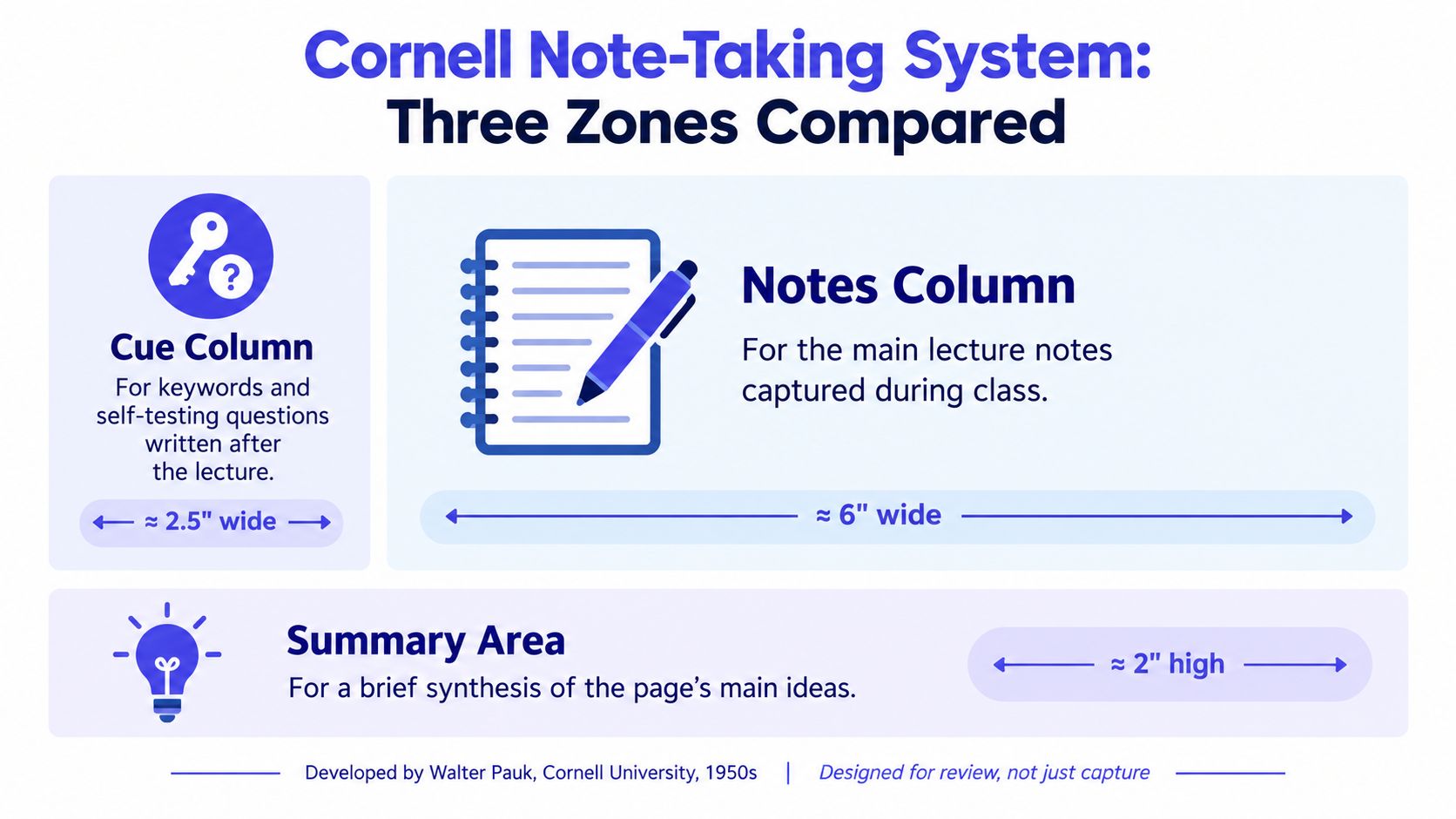 A diagram explaining the three zones of the Cornell note-taking system with width and height dimensions.