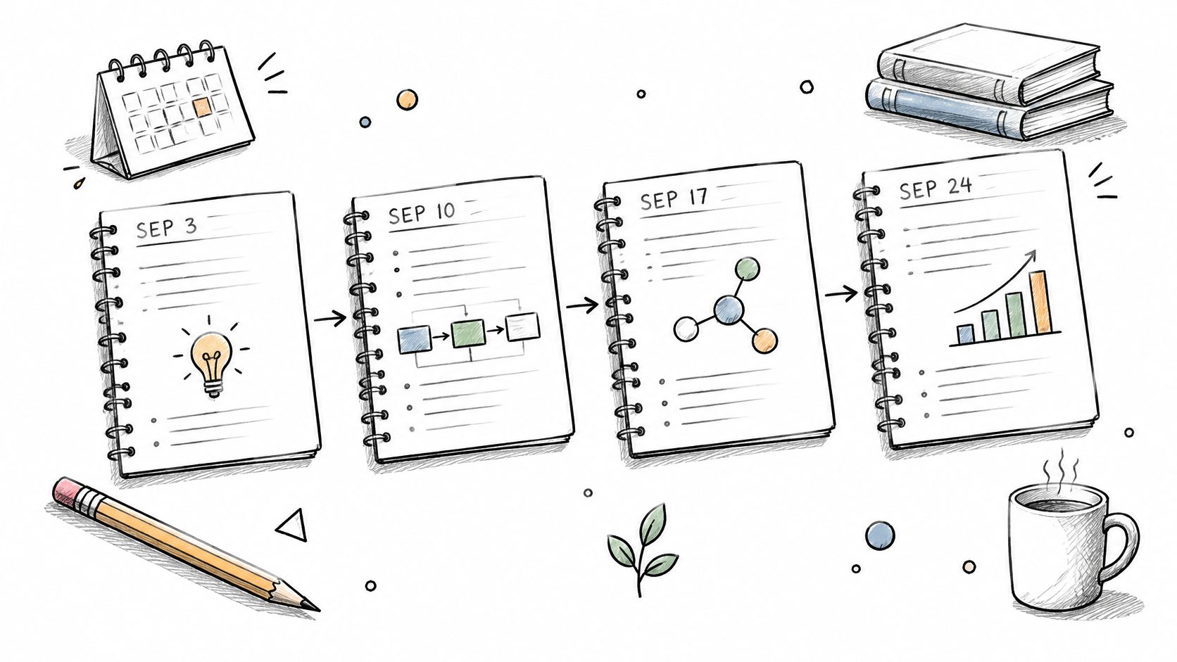 A sketched illustration showing a weekly planning process with four spiral notebooks dated September 3, 10, 17, and 24.