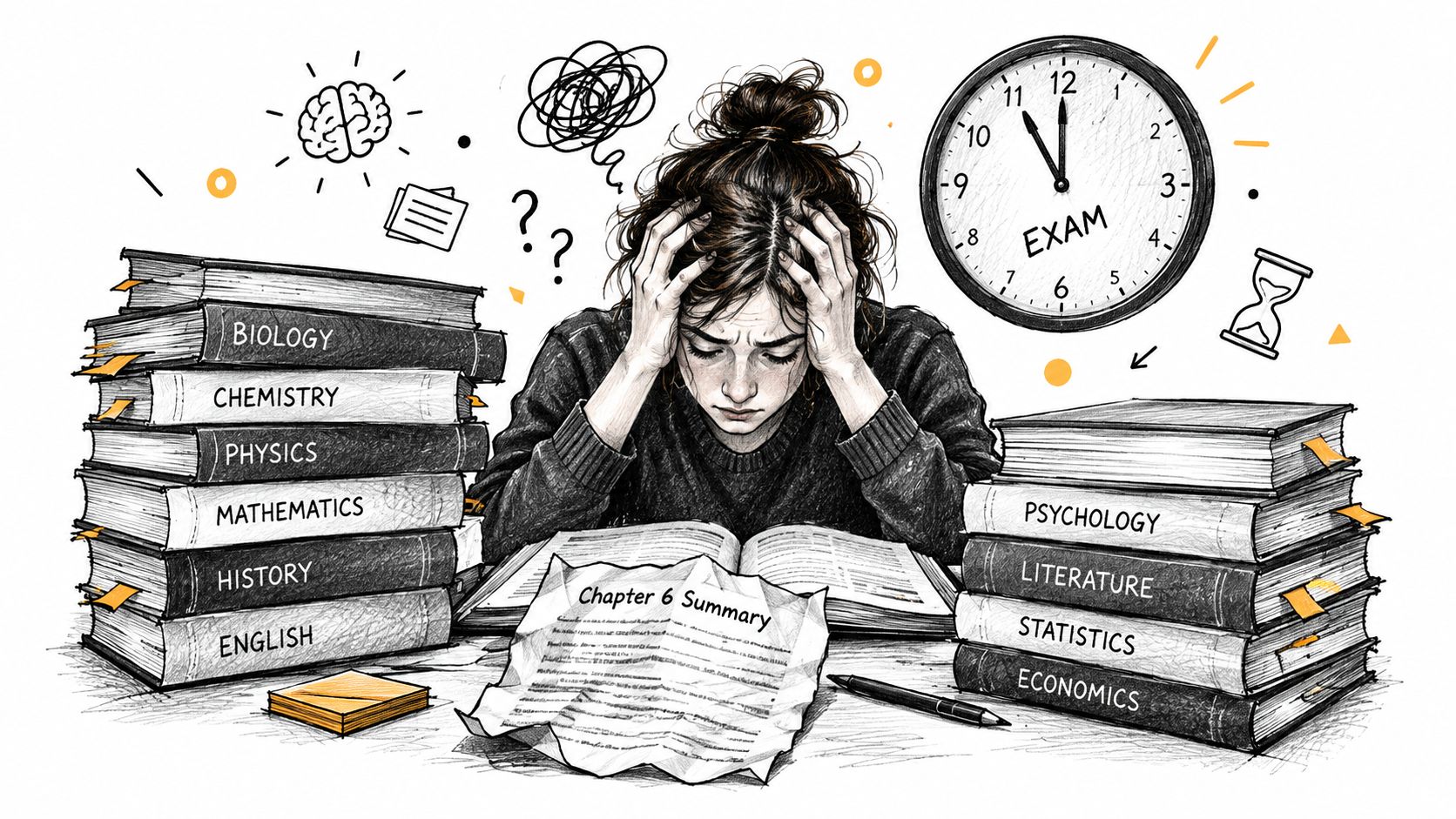 A student looking stressed while studying multiple textbooks with a clock counting down to an exam.