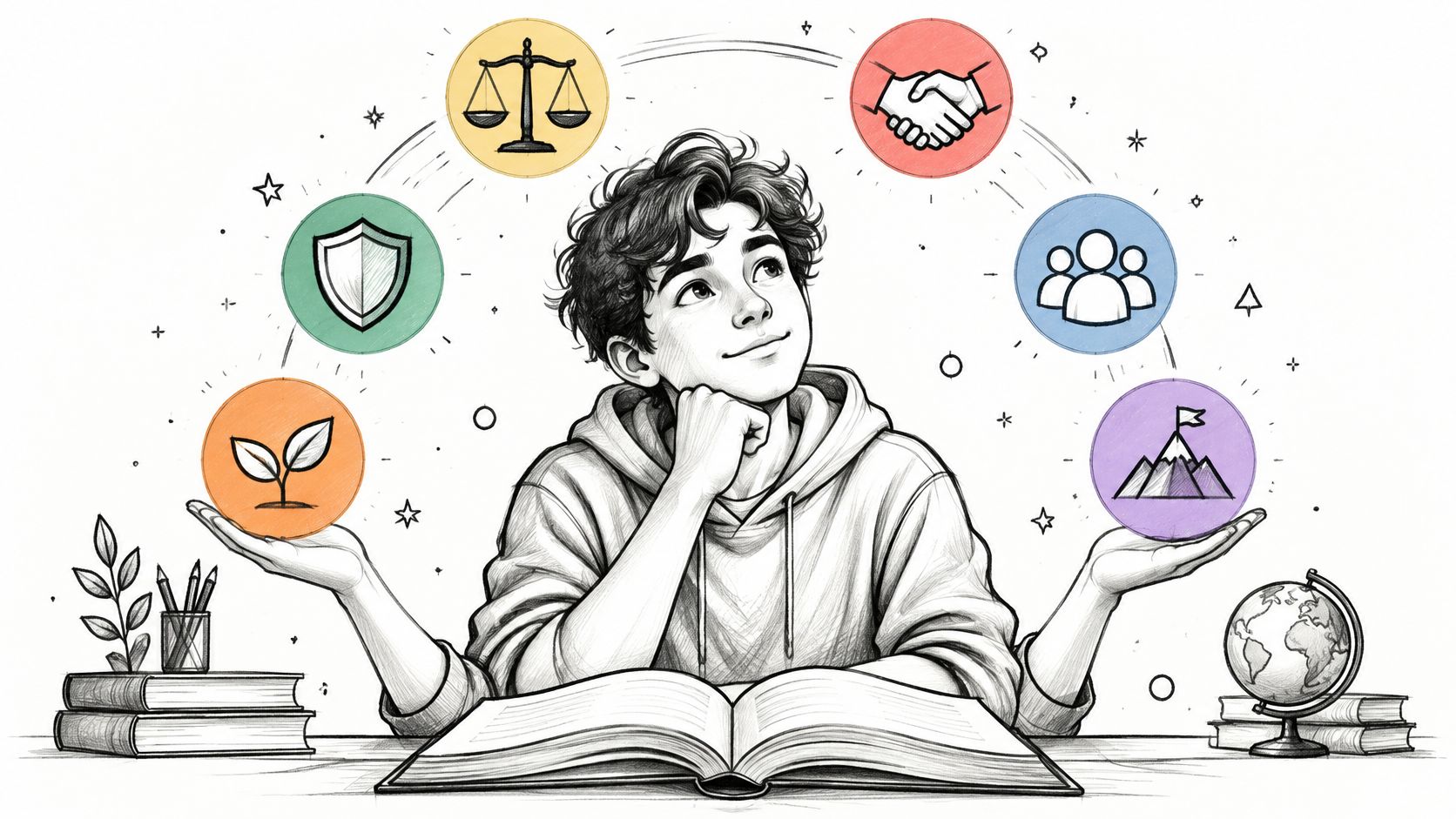 A thoughtful student with an open book, surrounded by colorful icons representing ethical values and learning.
