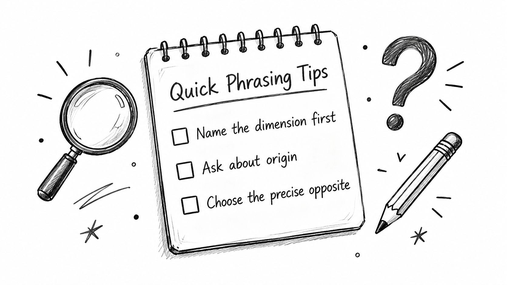 A hand-drawn notebook page displaying three phrasing tips with a magnifying glass and a pencil nearby.