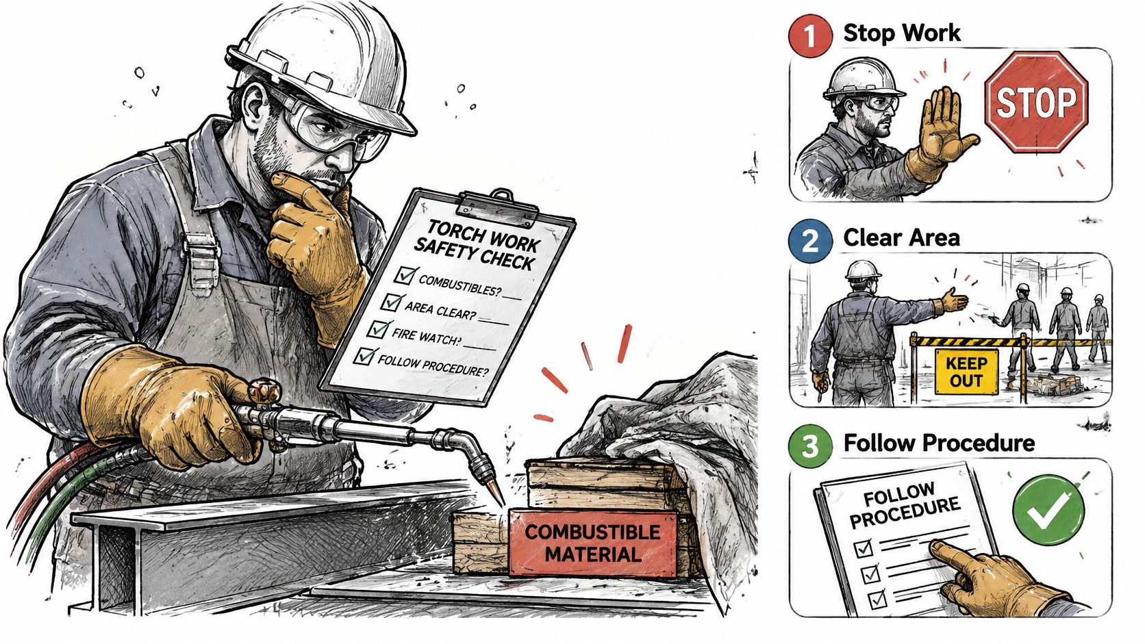 A construction worker reviewing safety procedures before performing torch work near combustible materials in a workplace setting.