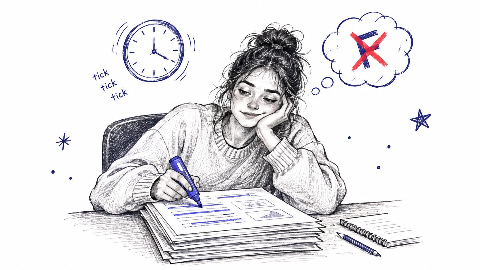 A girl studying while highlighting notes with a marker, worrying about failing an exam under time pressure.