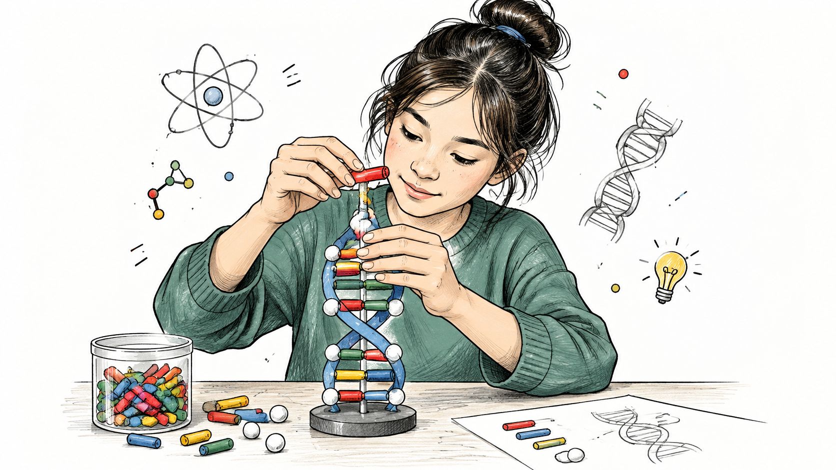 A girl assembling a DNA model as part of her science studies on a wooden desk.