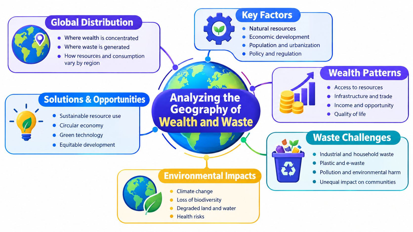 An infographic mind map titled Analyzing the Geography of Wealth and Waste, showcasing global economic and waste factors.