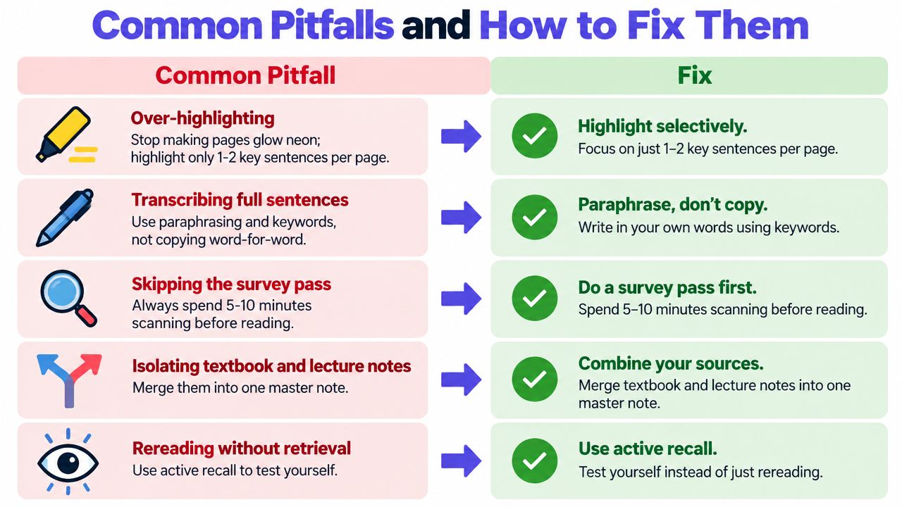 A chart showing common study pitfalls on the left and their corresponding fixes on the right side.