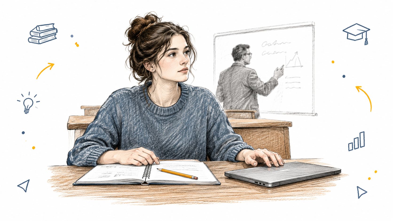 A female student sitting at a desk with a notebook and laptop in a college lecture hall.