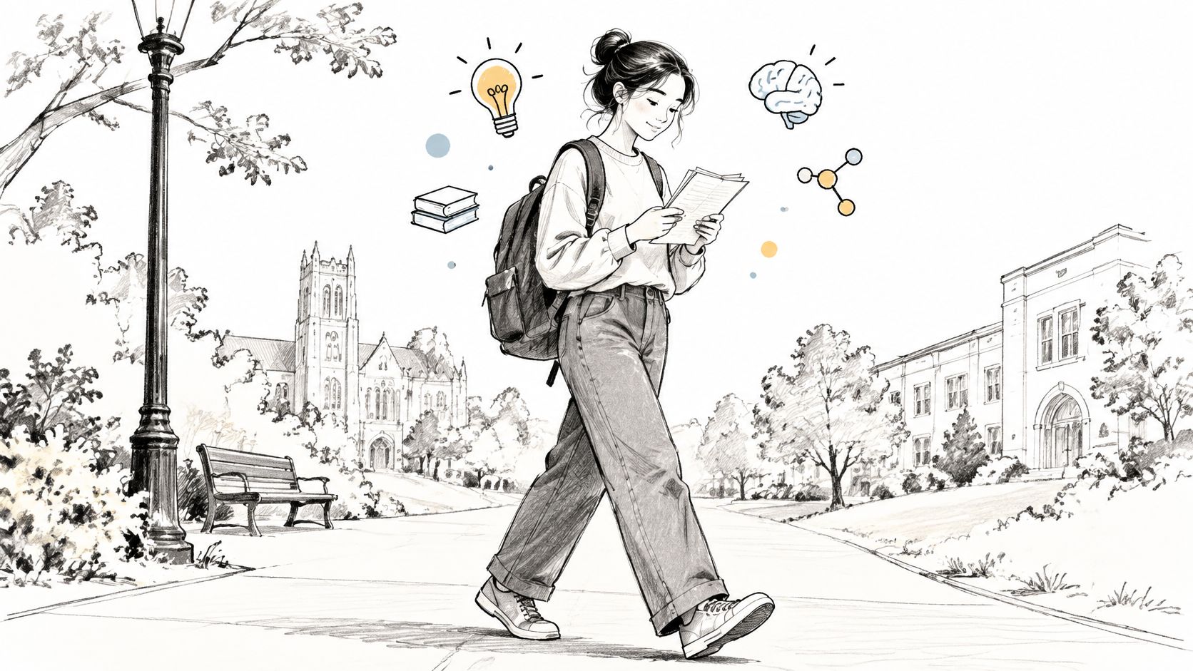 A student walking on a campus path while reading notes surrounded by illustrative icons of learning symbols.
