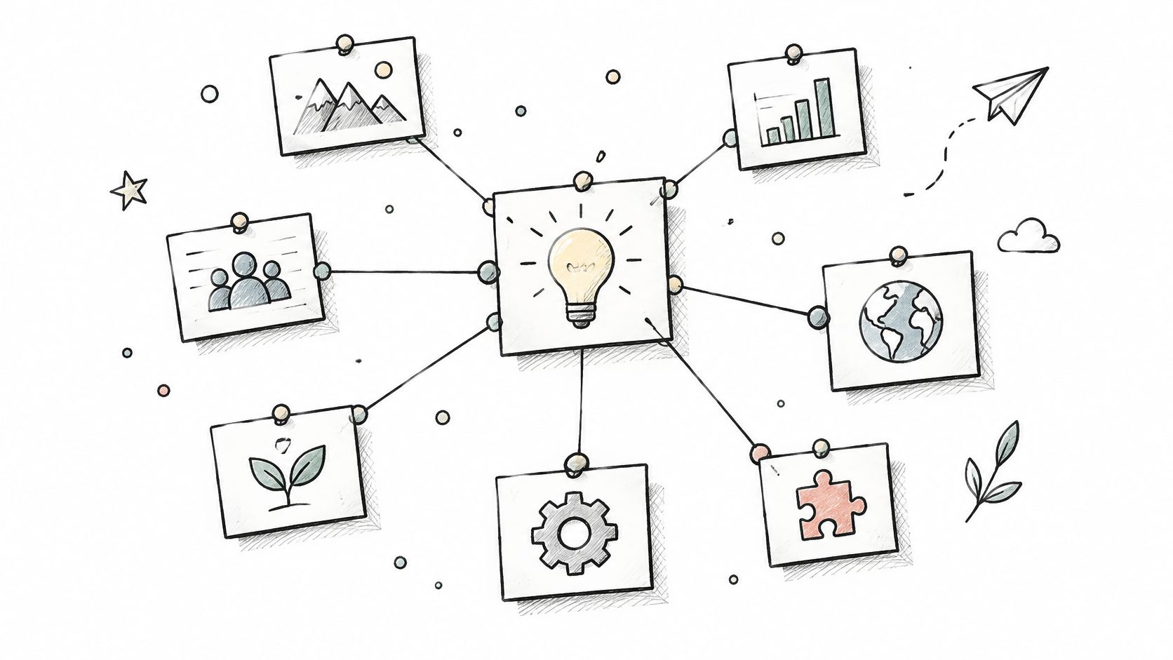 A hand-drawn illustration showing a central lightbulb idea connected by lines to various conceptual icons on paper.