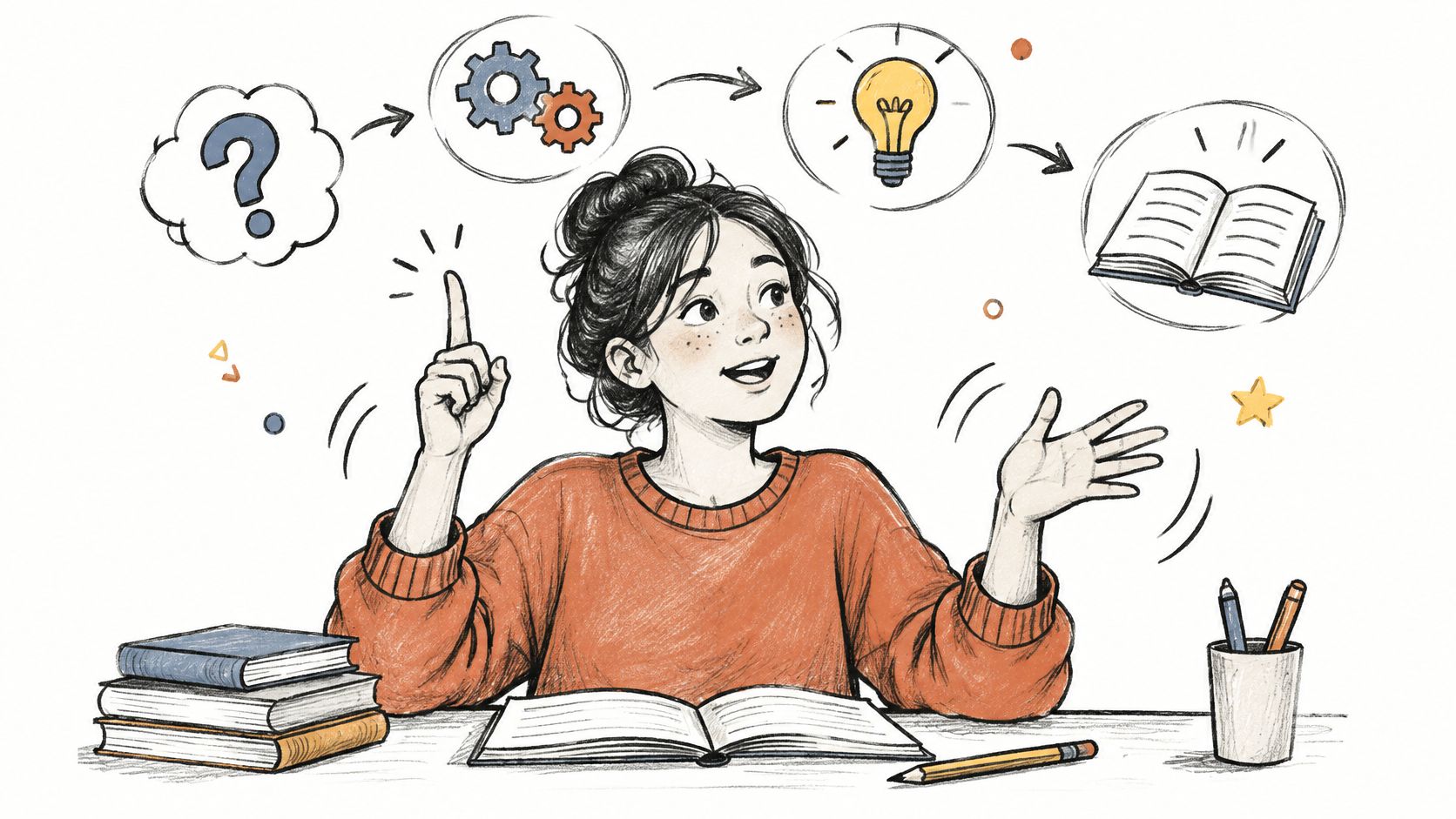 A girl sitting at a desk with an open book, reflecting on study techniques and creative learning.