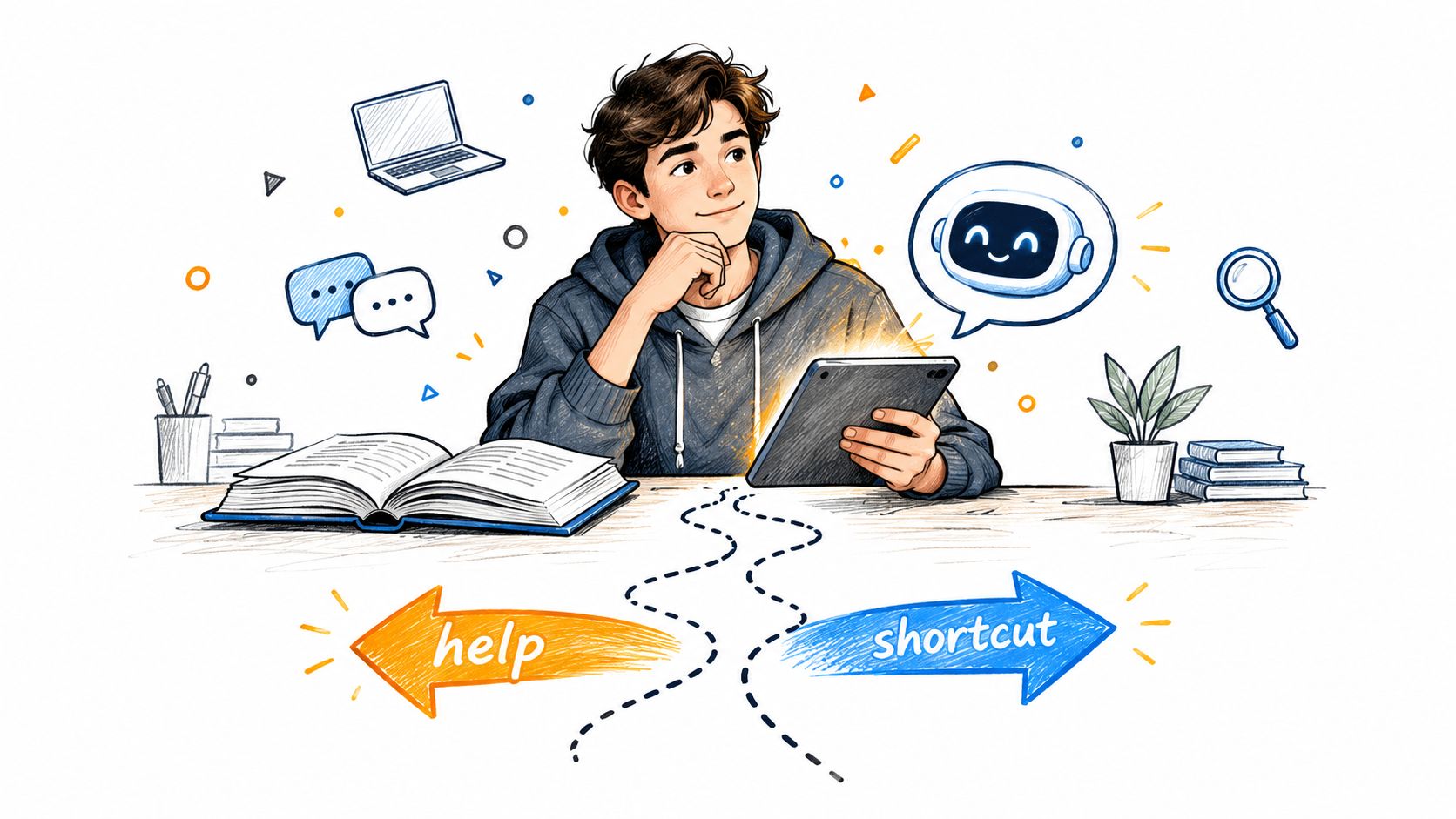 A student weighing the difference between using AI for academic help versus taking a shortcut.