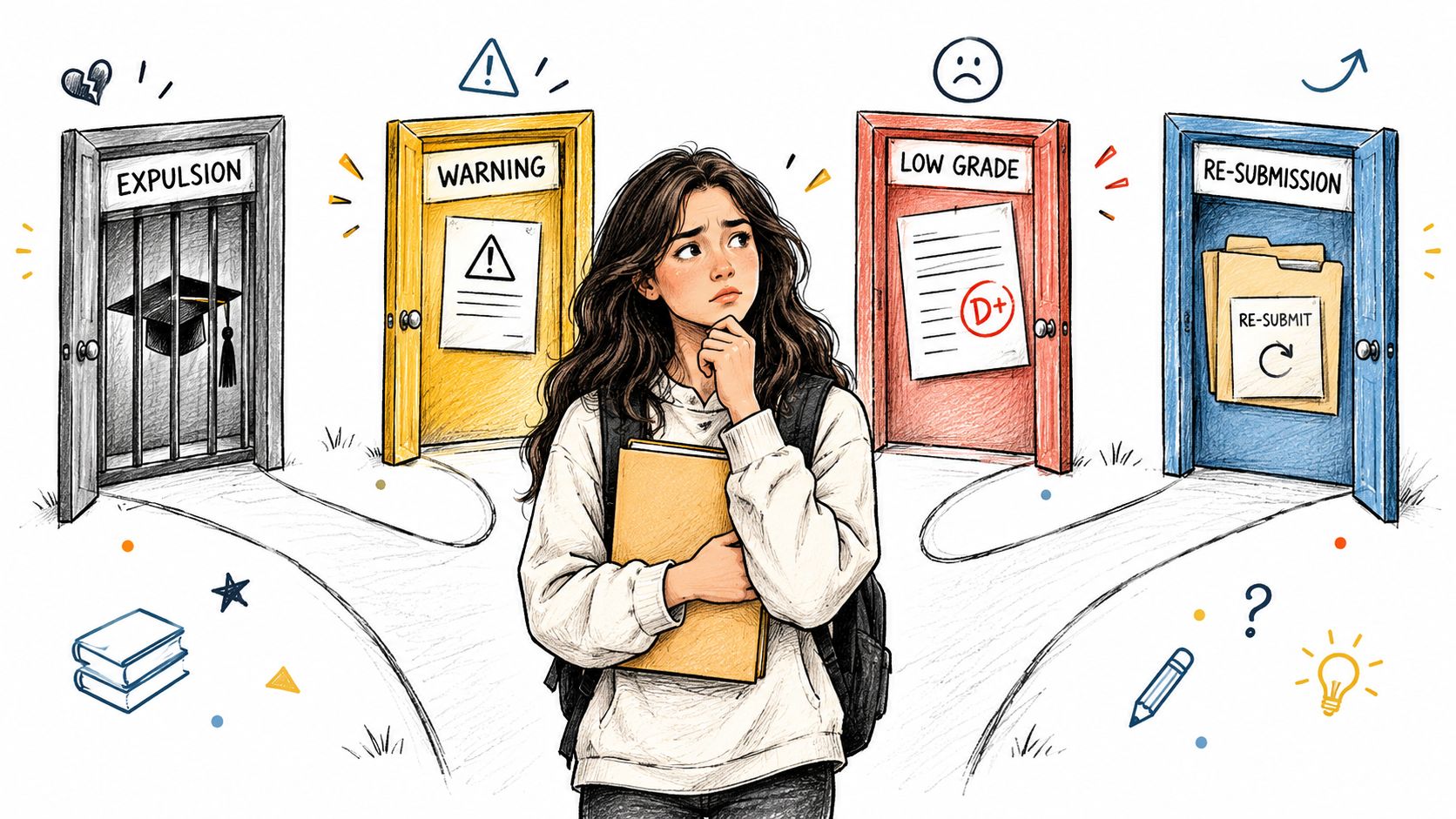 A pensive student stands before four doors representing various academic outcomes like expulsion, warning, low grade, and resubmission.