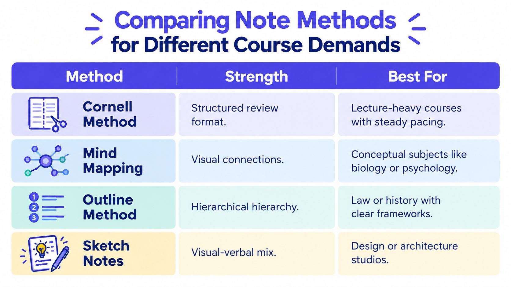 A chart comparing four different note-taking methods, their primary strengths, and the best courses for each.