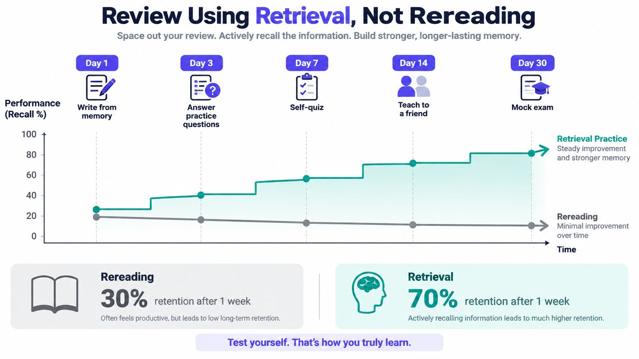 A chart comparing steady memory improvement through retrieval practice versus minimal retention with passive rereading techniques.