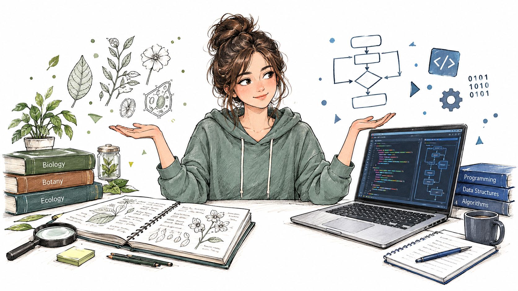 An illustration of a young woman multitasking between studying biology, botany, ecology and computer programming coding.