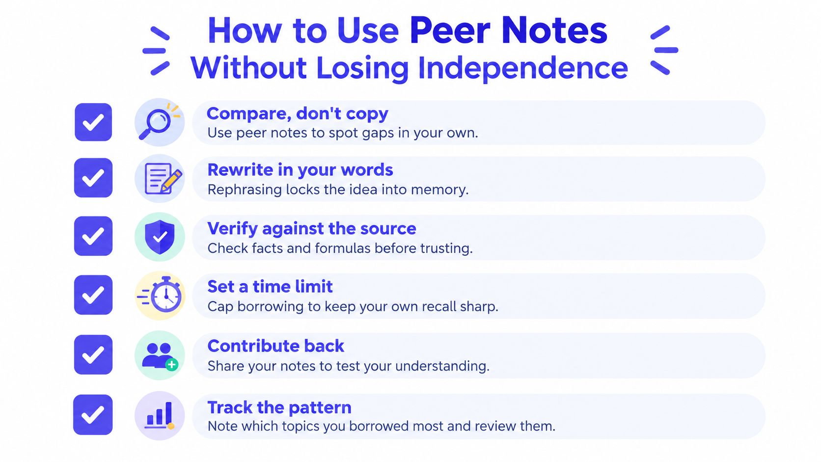 An infographic titled How to Use Peer Notes Without Losing Independence featuring six tips for students.