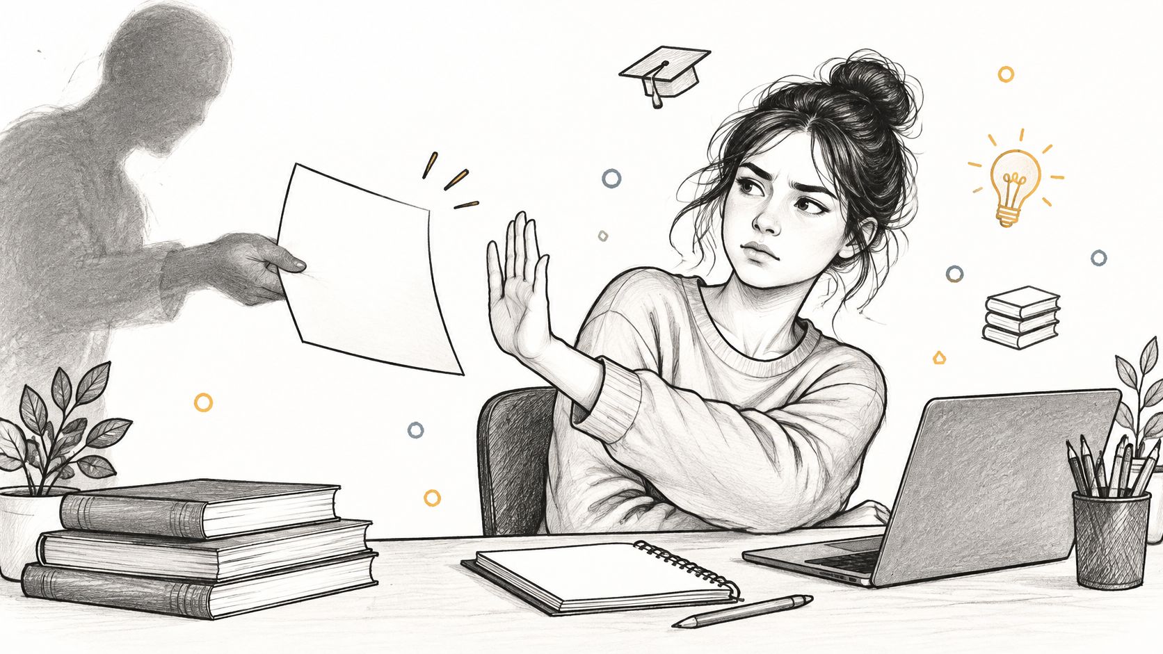 A student gesturing to refuse a document presented by a shadowy figure while studying at her desk.
