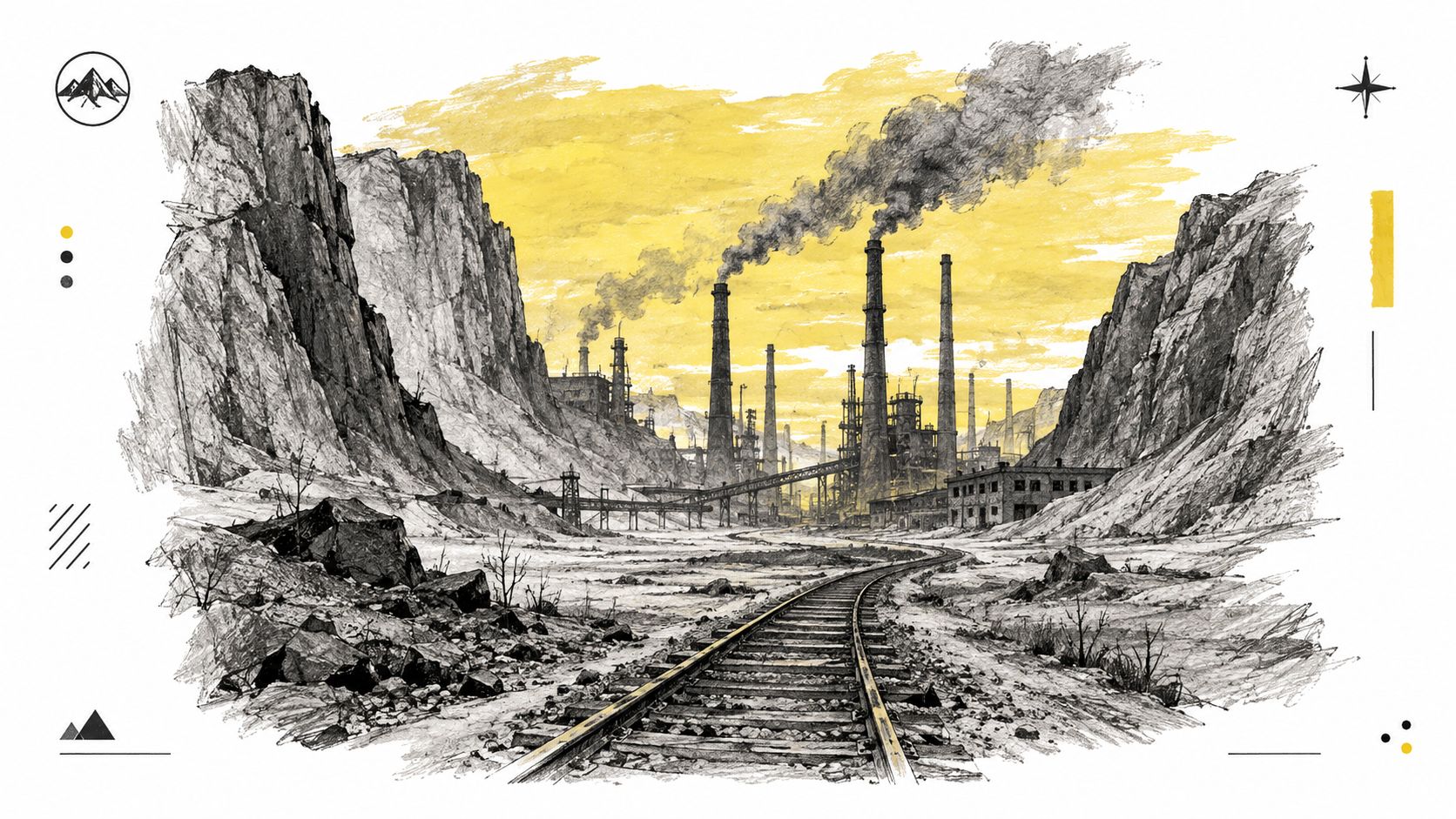 An industrial landscape sketch showing railway tracks leading to a factory nestled between large, rocky mountains.