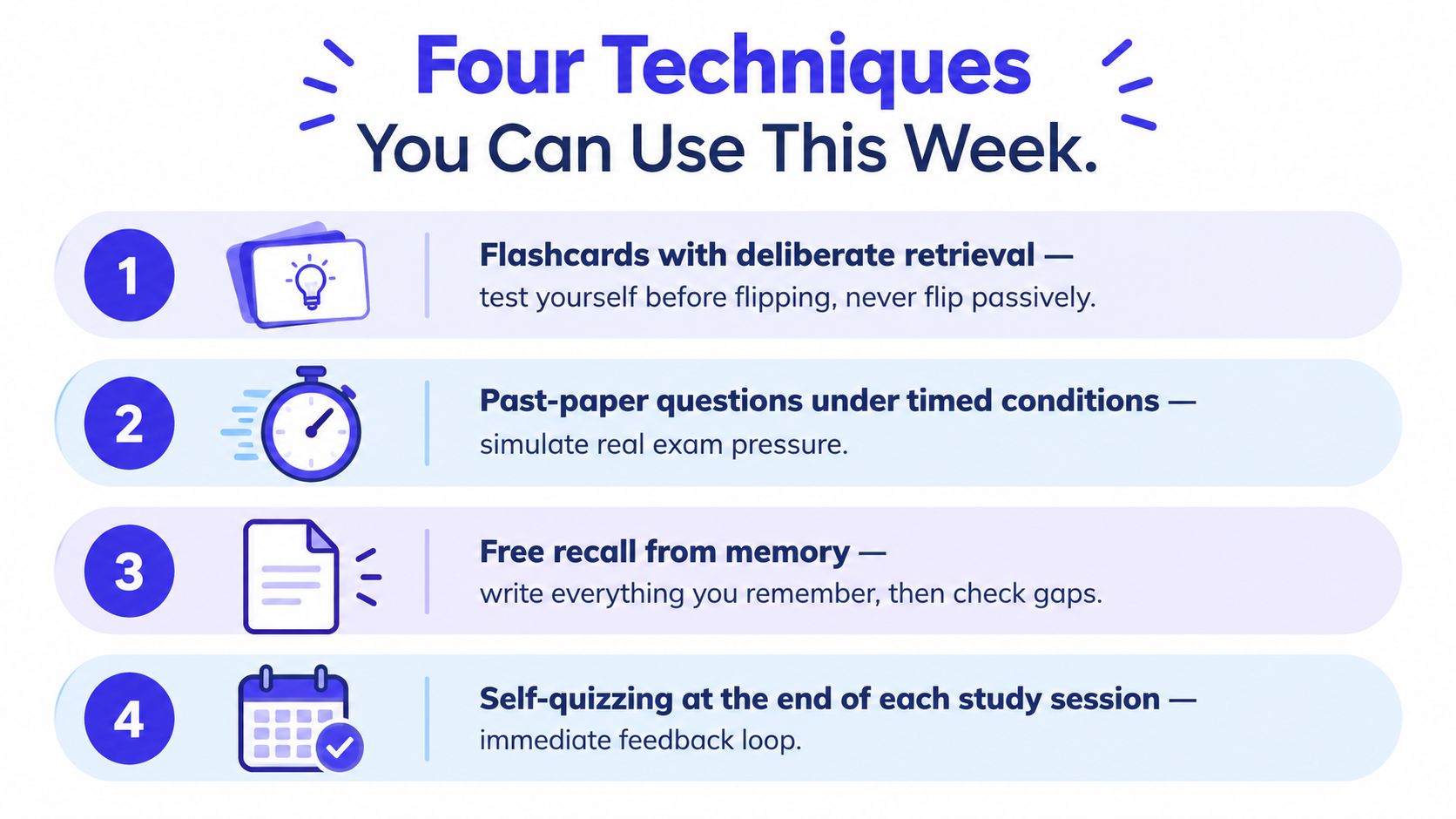 An infographic listing four active recall study methods to improve learning and academic performance effectively.