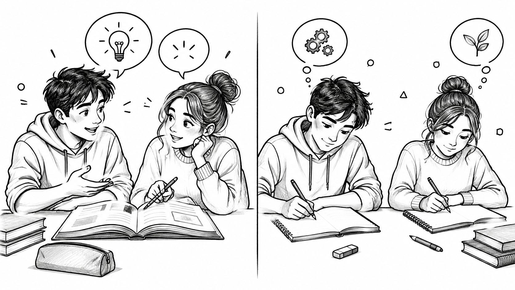 A black and white line art illustration showing two students brainstorming and later studying together at desks.