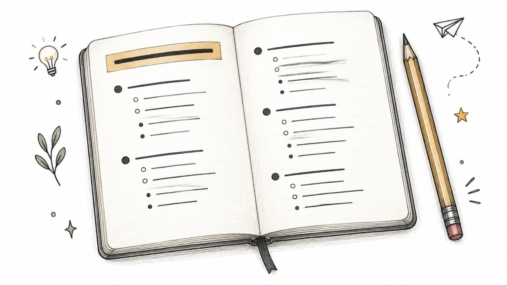 A hand-drawn illustration of an open notebook with lists, a pencil, a lightbulb, and decorative elements.