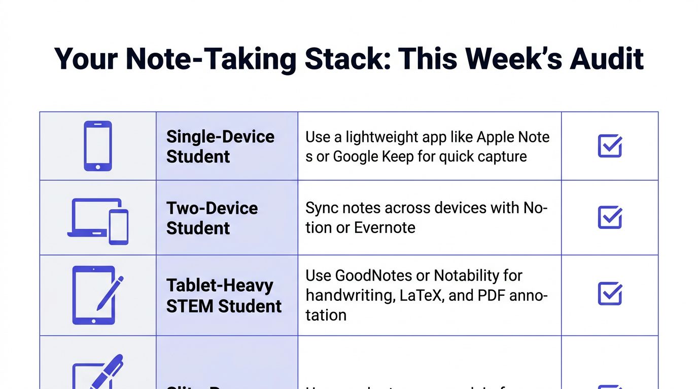 A chart showing note-taking recommendations for different student types based on their device usage habits.