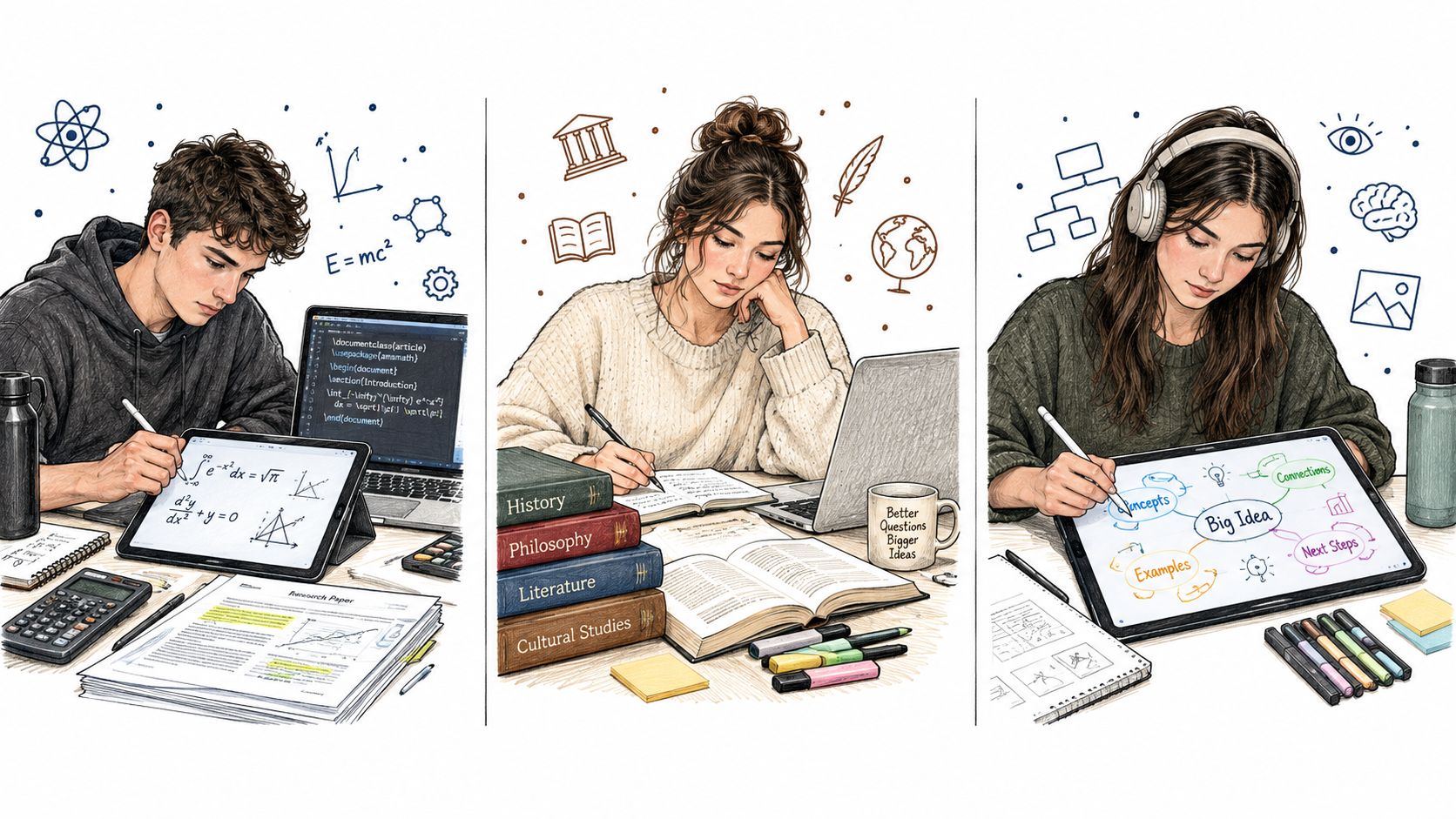 Three students focused on academic work using digital tablets, laptops, and textbooks for study and research.