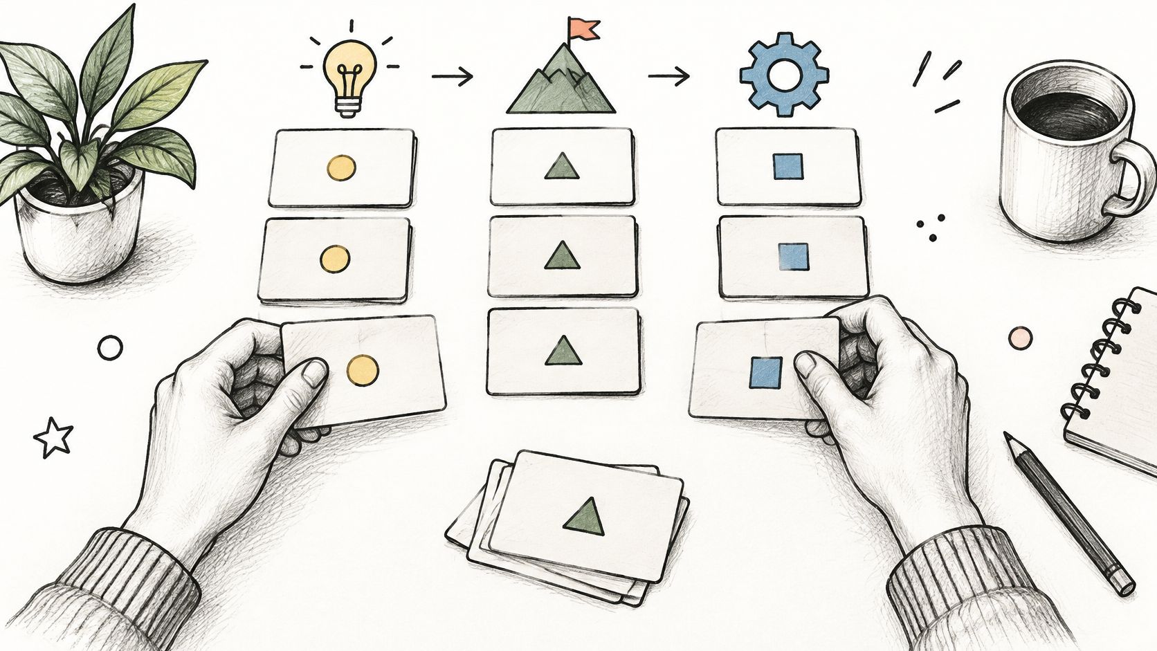 A person organizing cards with shapes into three categories representing an idea, goal, and execution process.