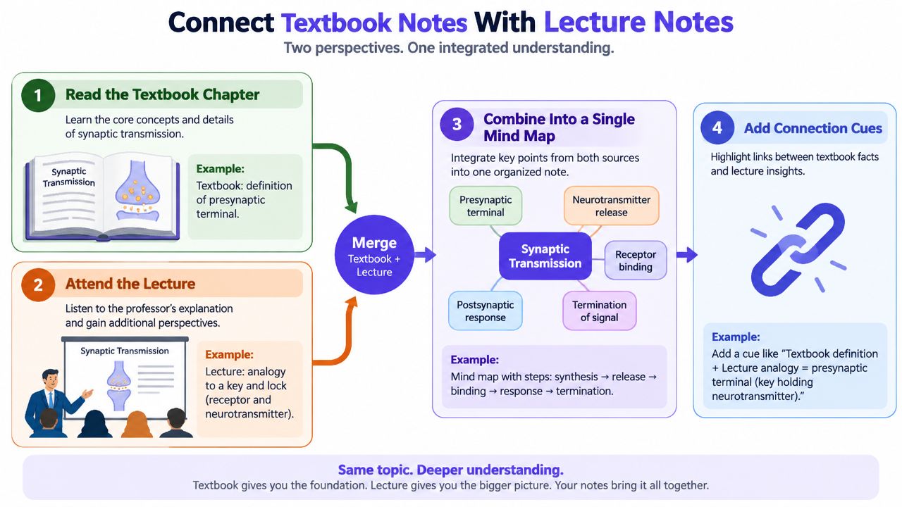 A four-step infographic showing how to integrate textbook readings and lecture notes for better learning.