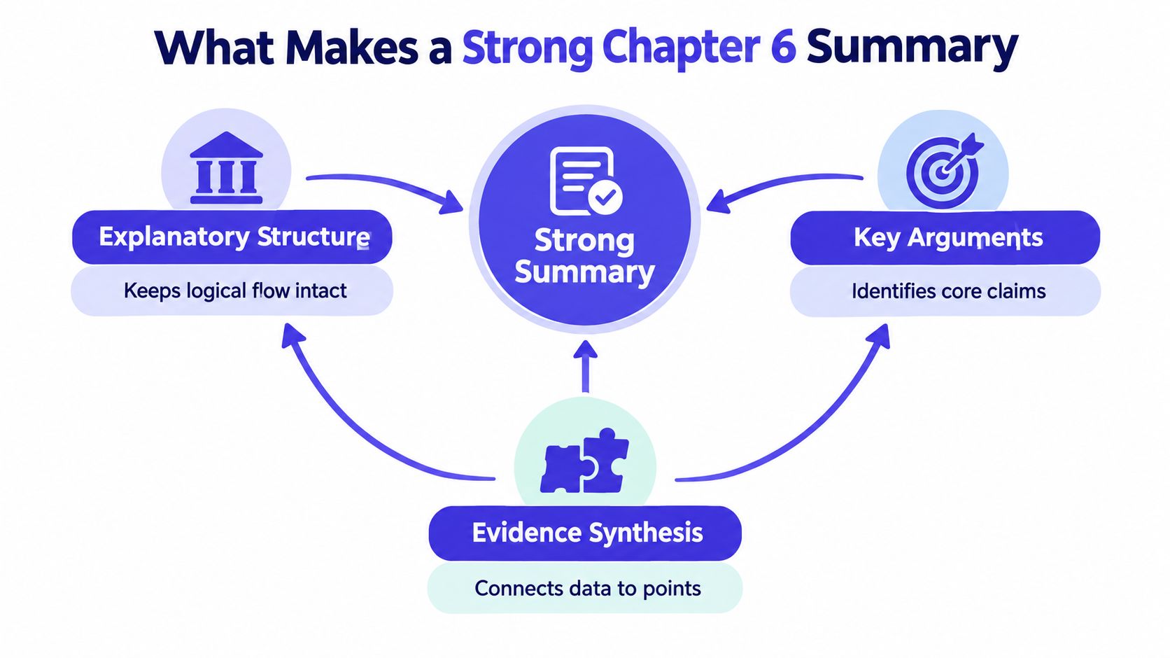 A diagram illustrating the three essential components for creating a strong chapter 6 summary: structure, arguments, and evidence.