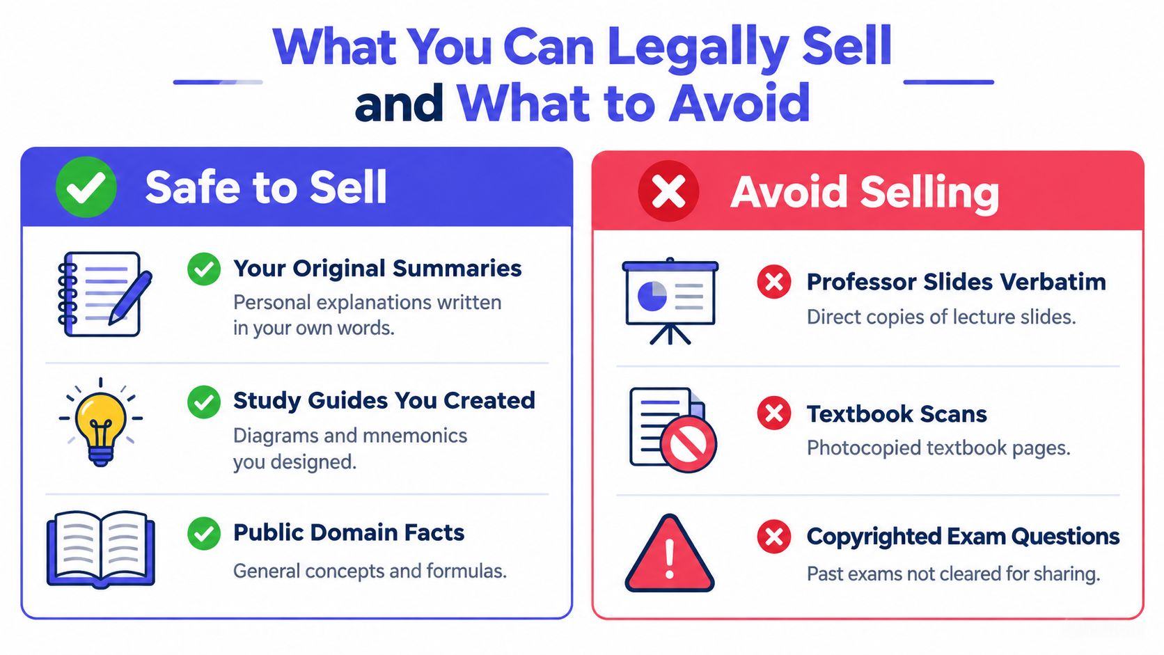 A visual guide comparing content safe to sell versus content to avoid when selling study materials.