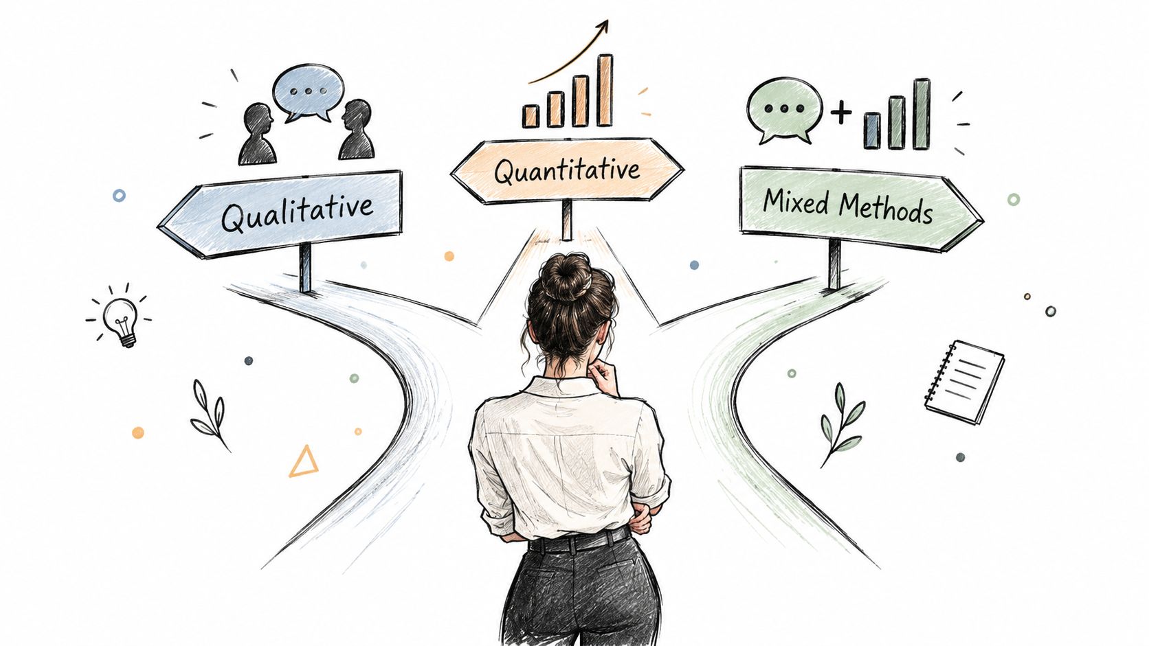 A woman stands before three signs labeled Qualitative, Quantitative, and Mixed Methods, representing research methodology choices.