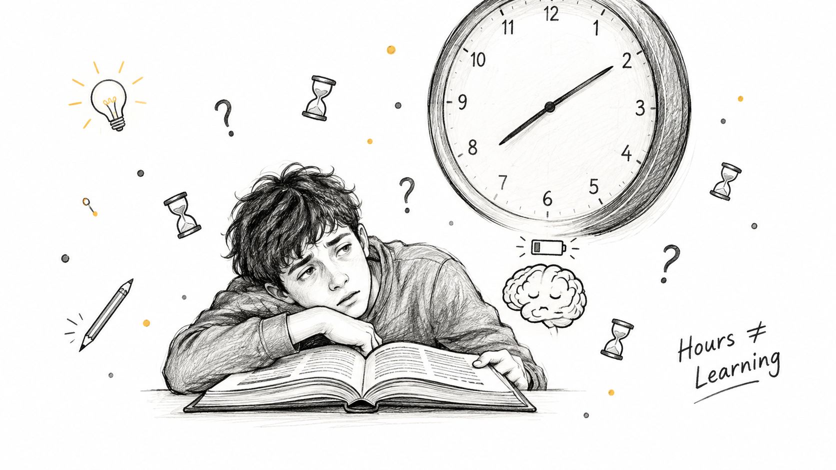 A tired, exhausted student resting their head on an open book, reflecting that study hours do not equal learning.