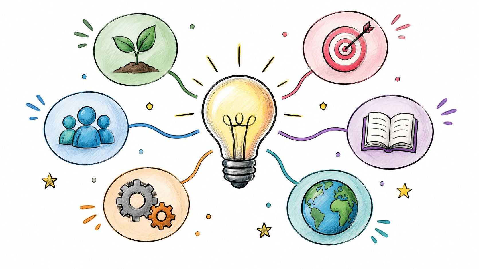 A central glowing lightbulb connected to six colorful icons representing growth, goals, education, teamwork, engineering, and global connection.