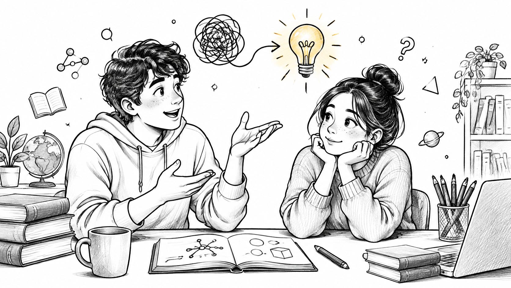 A young man and woman studying together, representing creative thinking and collaborative note taking tips.