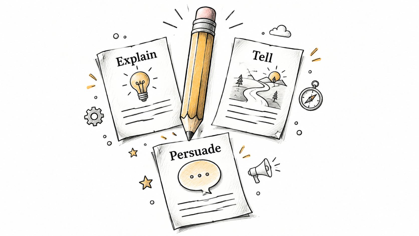 A conceptual illustration featuring a pencil pointing toward three papers labeled Explain, Tell, and Persuade.