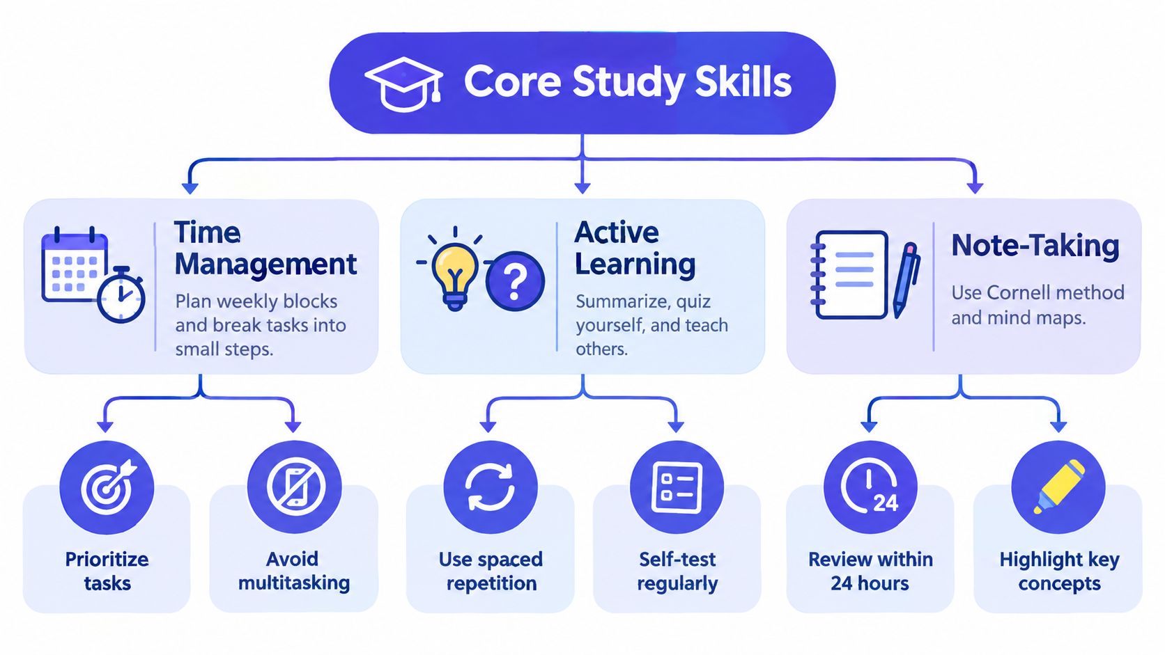A diagram outlining core study skills including time management, active learning, and effective note-taking techniques.