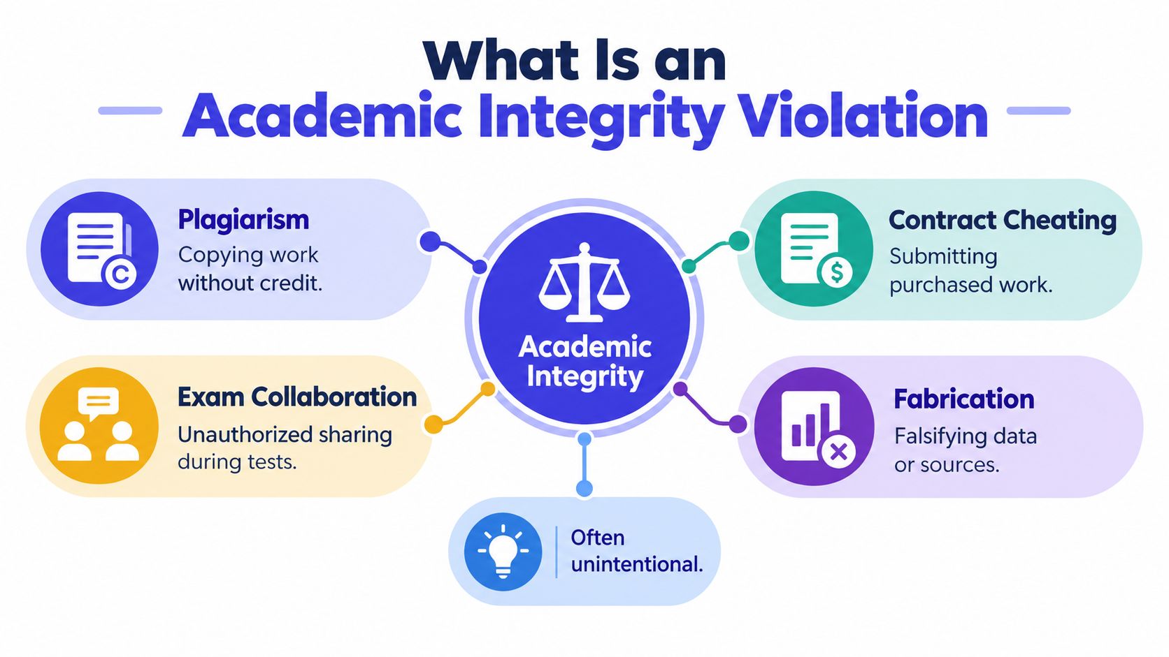 A diagram illustrating common academic integrity violations like plagiarism, contract cheating, exam collaboration, and fabrication of data.